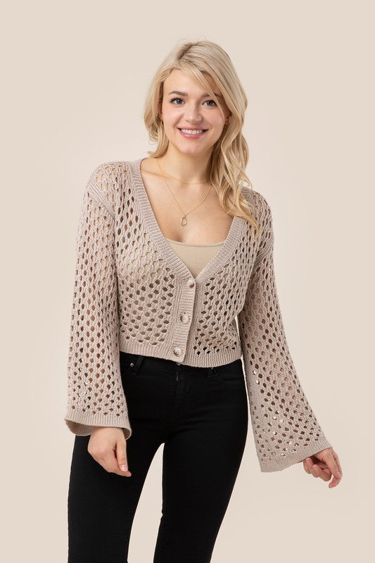 Chic Sheer Hole-Knit Cardigan with Bell Sleeves – Elegant V-Neck Versatile Layer