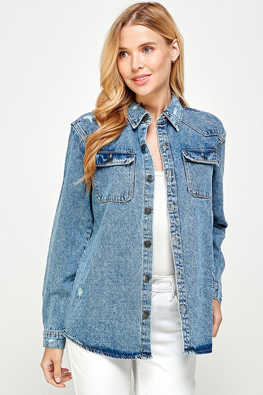 Stylish Women's Distressed Denim Shirt – 100% Cotton, Casual Long Sleeve with Flap Pockets