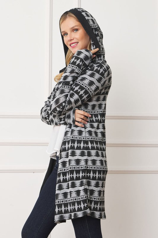 Stylish Long Tribal Print Hooded Cardigan – Cozy & Fashion-Forward