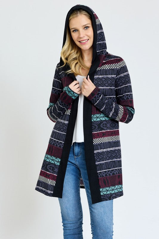 Stylish Long Tribal Print Hooded Cardigan – Cozy & Fashion-Forward