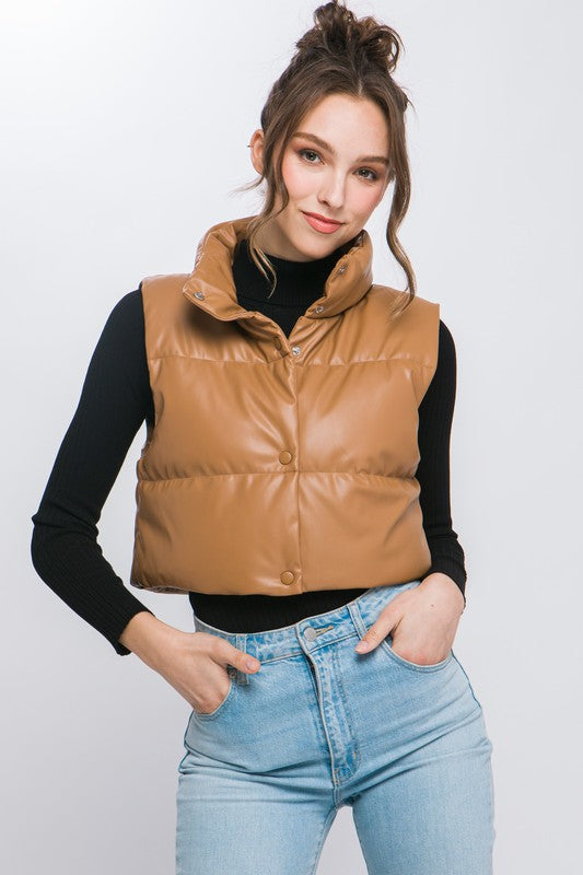 PU Faux Leather Puffer West With Snap Button