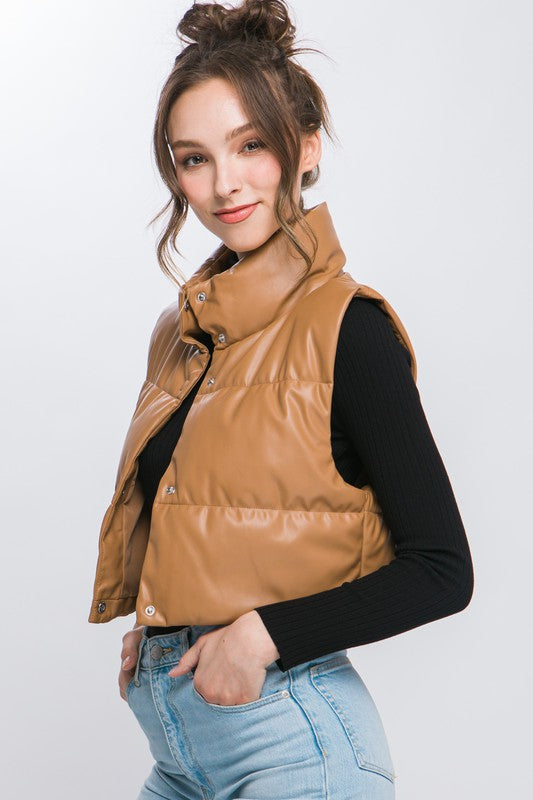 PU Faux Leather Puffer West With Snap Button