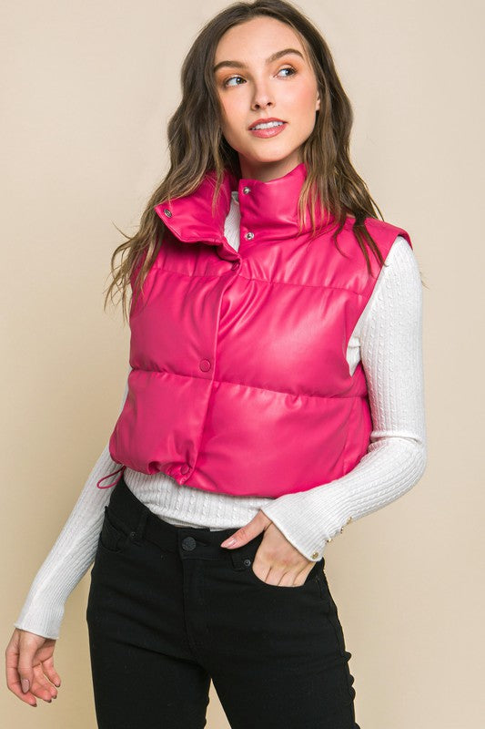 PU Faux Leather Puffer West With Snap Button