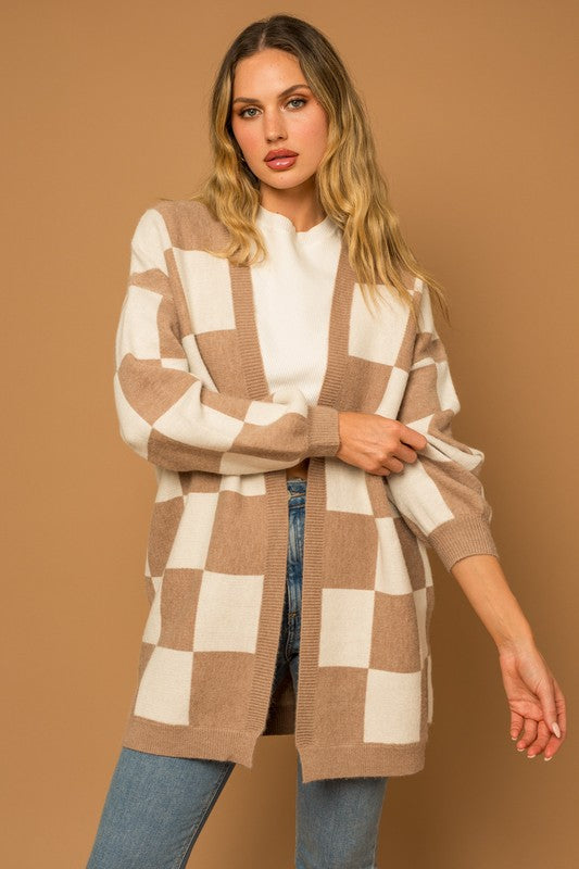 Trendy Checker Graphic Sweater Cardigan – Comfortable Knit Fabric, Perfect for Layering