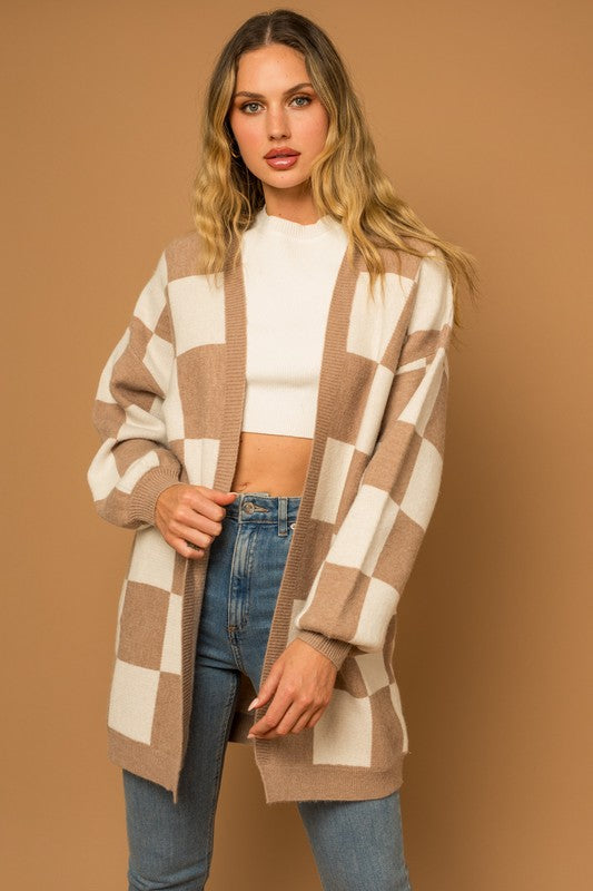Trendy Checker Graphic Sweater Cardigan – Comfortable Knit Fabric, Perfect for Layering