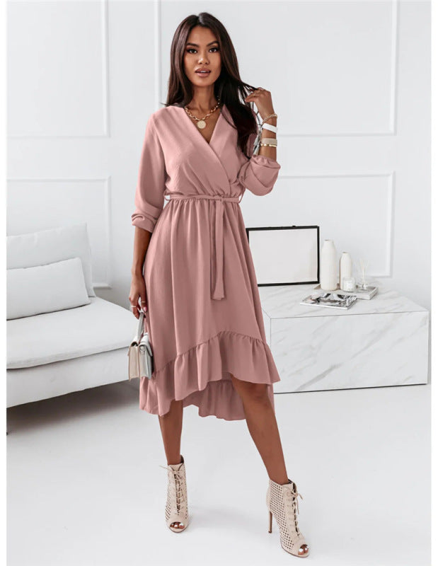 Women's Solid Ruffle Elegant Long Sleeve Dress