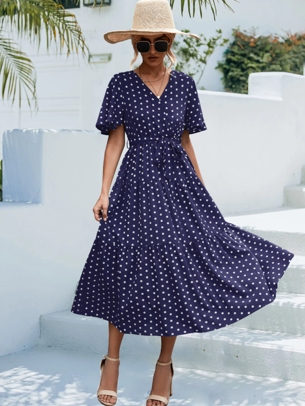 Women's Polka Dot Print Short Sleeve Midi Dress