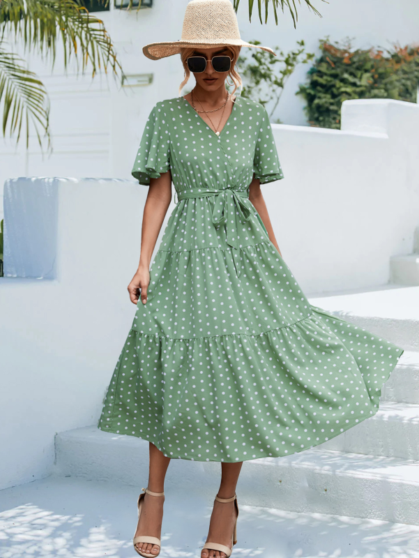 Women's Polka Dot Print Short Sleeve Midi Dress