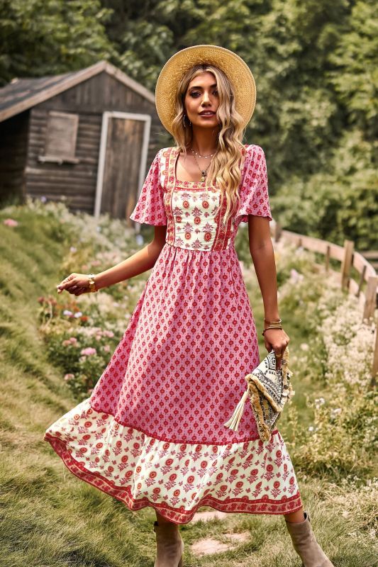 Women's Neck Bohemian Short Sleeve Midi Dress