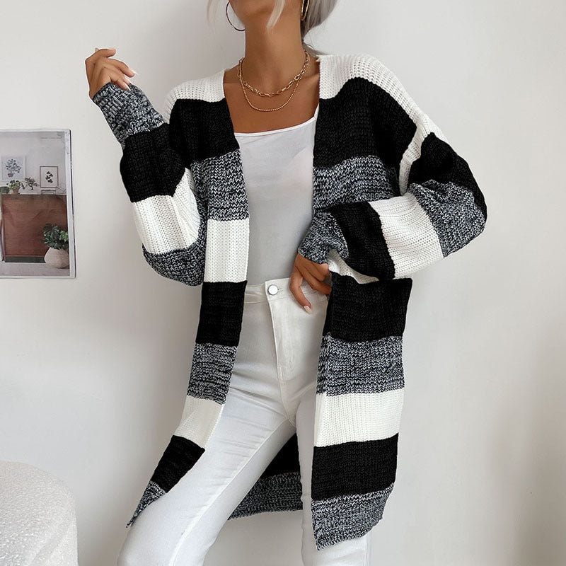 Women's Fashion New Arrival Long Buttonless Colorblock Sweater Jacket