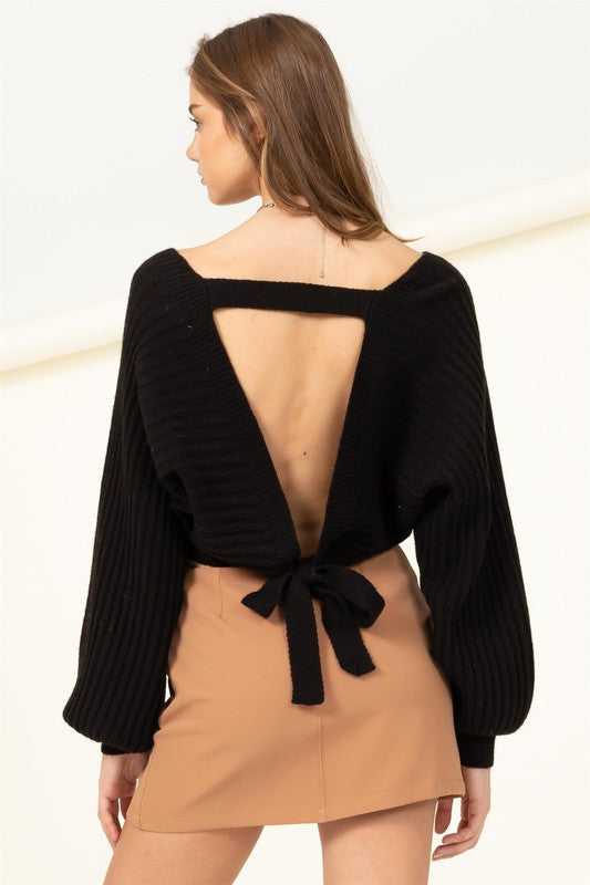 Charming V-Neck Sweater with Back Cutout and Tie Detail - Chic Cropped Design