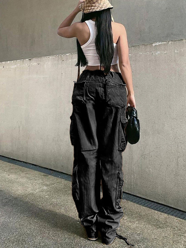 Women's Straight High Waist Loose Wide Leg Retro Daddy Cargo Pants