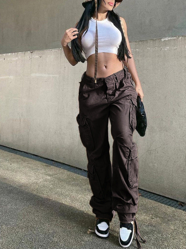 Women's Straight High Waist Loose Wide Leg Retro Daddy Cargo Pants