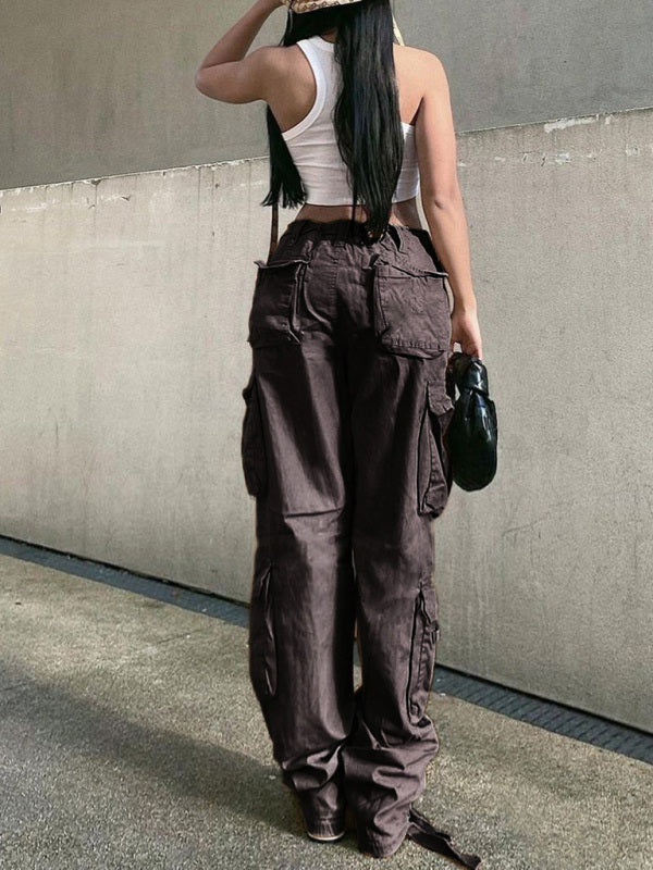 Women's Straight High Waist Loose Wide Leg Retro Daddy Cargo Pants