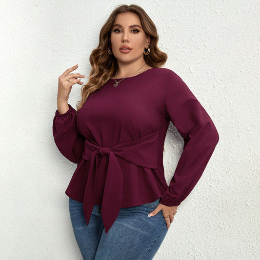 Women’ Plus Size Solid Color Puff Long Sleeve Tie Waist Top