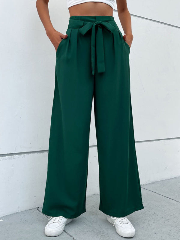 Women's Solid Color Tie Waist Wide Leg Pants