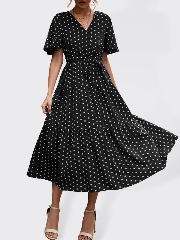 Women's Polka Dot Print Short Sleeve Midi Dress