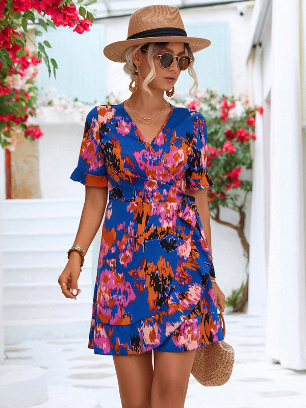 Women's Woven V Neck Ruffle Wrap Short Sleeve Dress