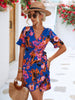 Women's Woven V Neck Ruffle Wrap Short Sleeve Dress