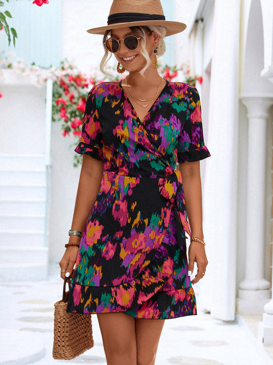 Women's Woven V Neck Ruffle Wrap Short Sleeve Dress