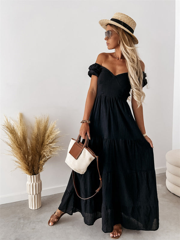 New style short-sleeved off-the-shoulder solid color backless strappy commuter high-waisted dress