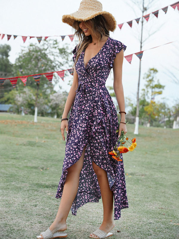 Bohemian V-Neck Tie Slim Swing Print Dress