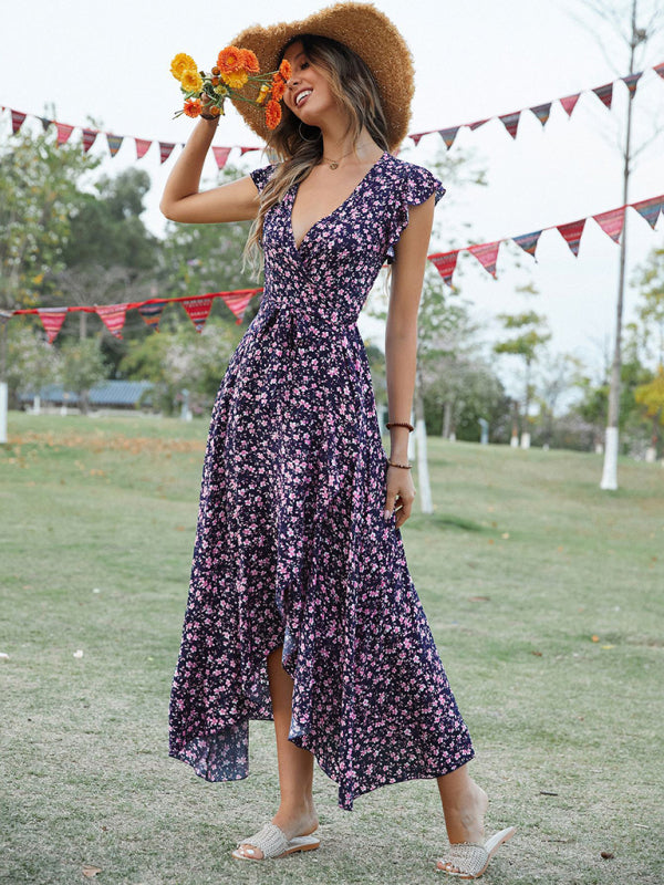 Bohemian V-Neck Tie Slim Swing Print Dress