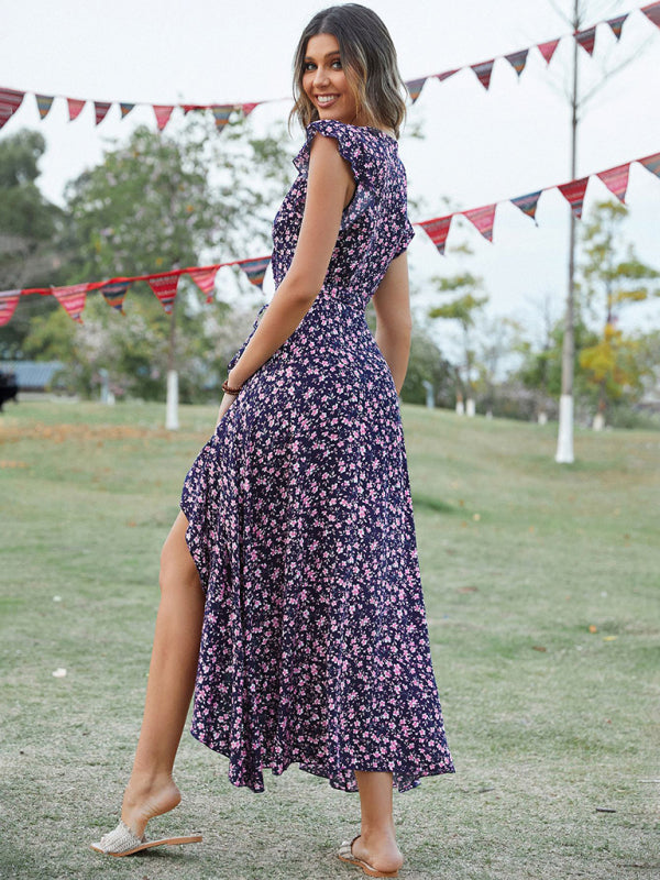 Bohemian V-Neck Tie Slim Swing Print Dress