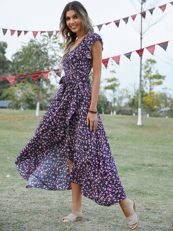 Bohemian V-Neck Tie Slim Swing Print Dress