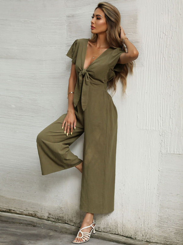 Women's woven V-neck short-sleeved casual straight cropped jumpsuit