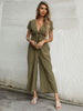 Women's woven V-neck short-sleeved casual straight cropped jumpsuit