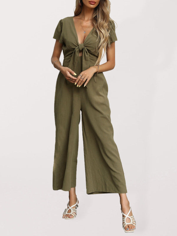 Women's woven V-neck short-sleeved casual straight cropped jumpsuit