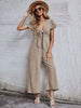 Women's woven V-neck short-sleeved casual straight cropped jumpsuit