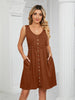 Women's Knitted Sleeveless Button Pocket Round Neck Slit Waist Dress