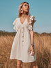 Women's woven v-neck button-up large swing A-shaped small flying sleeve dress
