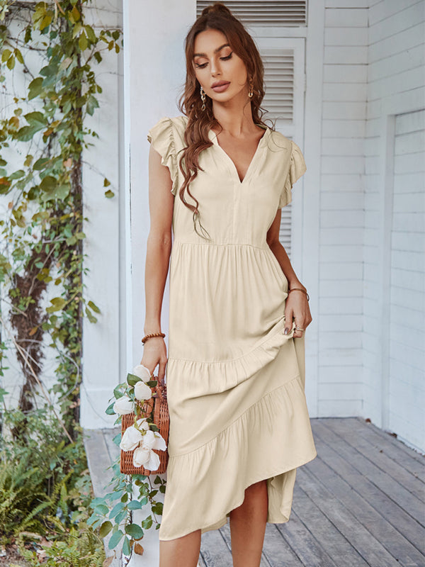 Women's Casual V Neck Flying Sleeves Solid Color Dress