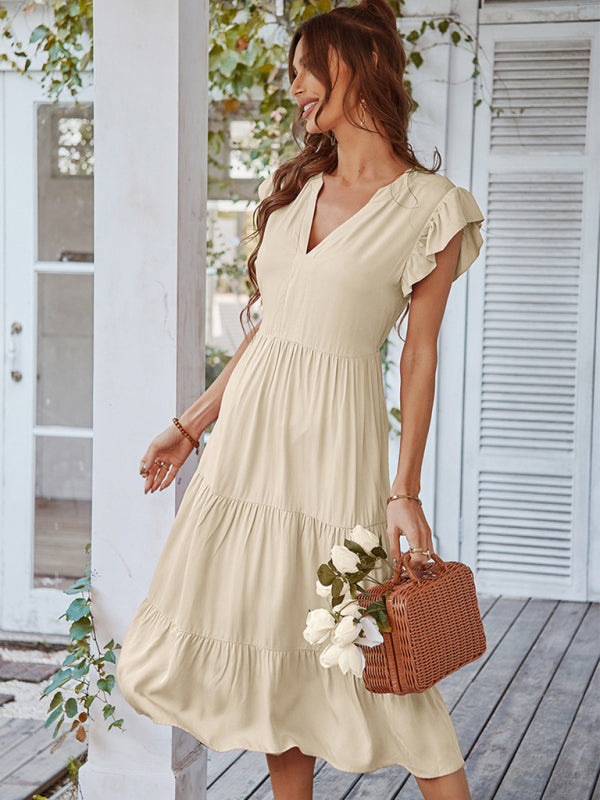 Women's Casual V Neck Flying Sleeves Solid Color Dress