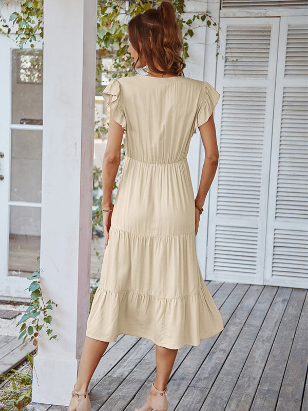 Women's Casual V Neck Flying Sleeves Solid Color Dress