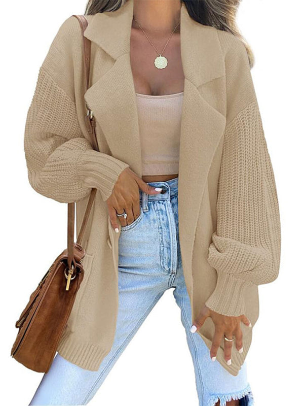 Women's suit collar long sleeve knitted jacket cardigan