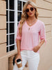 Women's V-neck three-quarter sleeve button drawstring loose T-shirt top