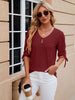 Women's V-neck three-quarter sleeve button drawstring loose T-shirt top