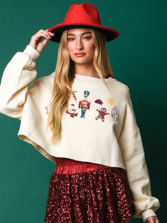 Christmas Sequin Decoration Top Casual Long Sleeve Short Sweatshirt