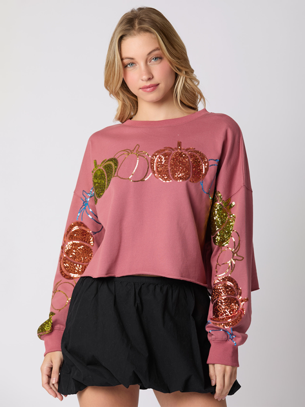 Halloween Pumpkin Sequin Top Long Sleeve Pullover Sweatshirt