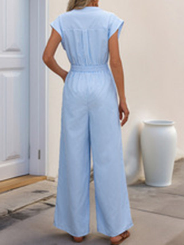 Sleeveless V-neck blue and white vertical striped jumpsuit