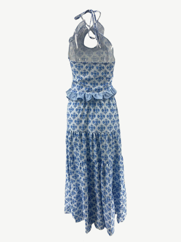 Fashion casual halter neck top printed skirt two piece set