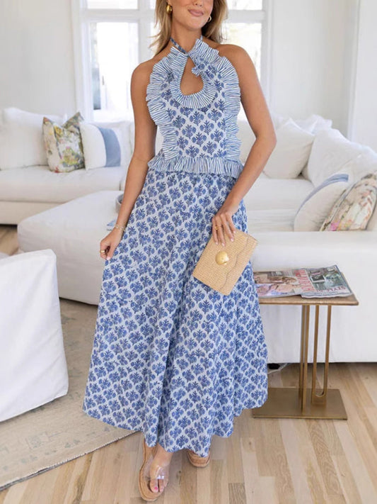 Fashion casual halter neck top printed skirt two piece set