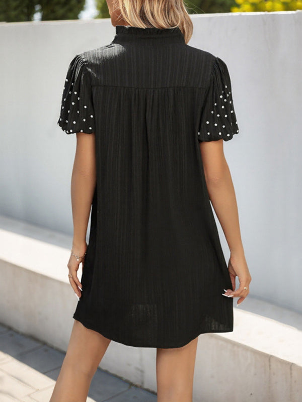 Beaded Lantern Sleeves Fashion Simple Black Dress