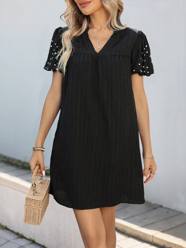 Beaded Lantern Sleeves Fashion Simple Black Dress