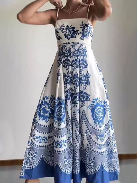 New style ethnic style symmetrical printed dress with suspenders