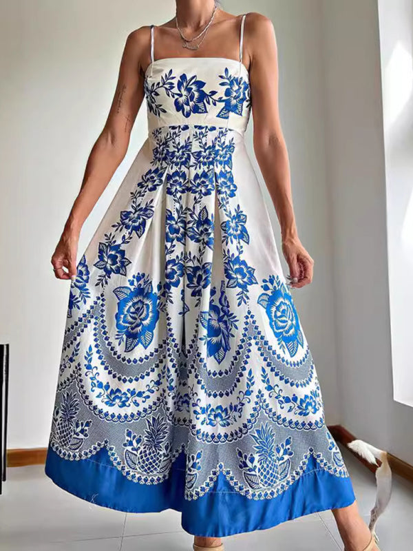New style ethnic style symmetrical printed dress with suspenders